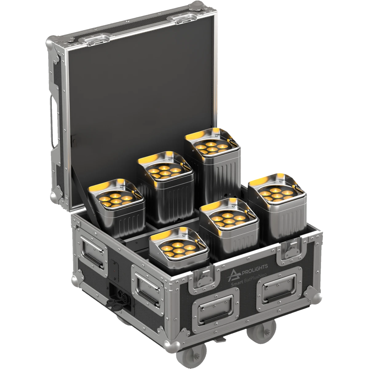 Pack of 6 SMARTBATPLUSNEO, battery charger flight case, IR controller, AC cable, chrome finishing