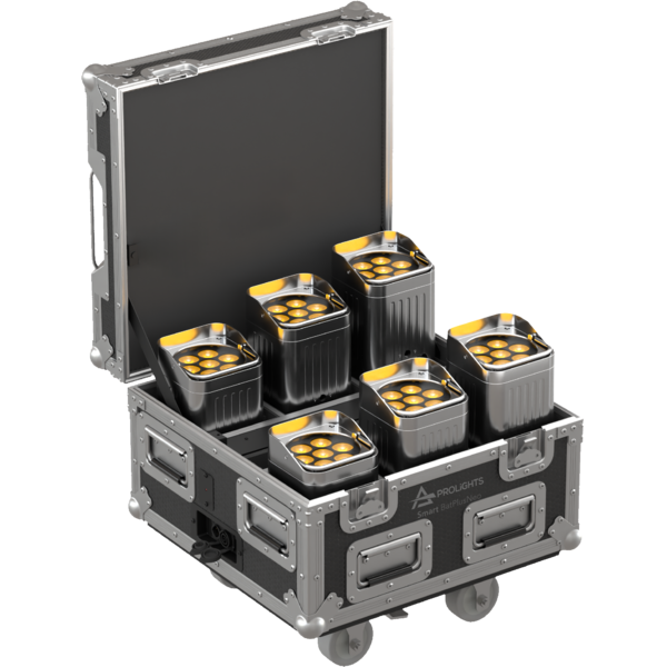 Pack of 6 SMARTBATPLUSNEO, battery charger flight case, IR controller, AC cable, chrome finishing