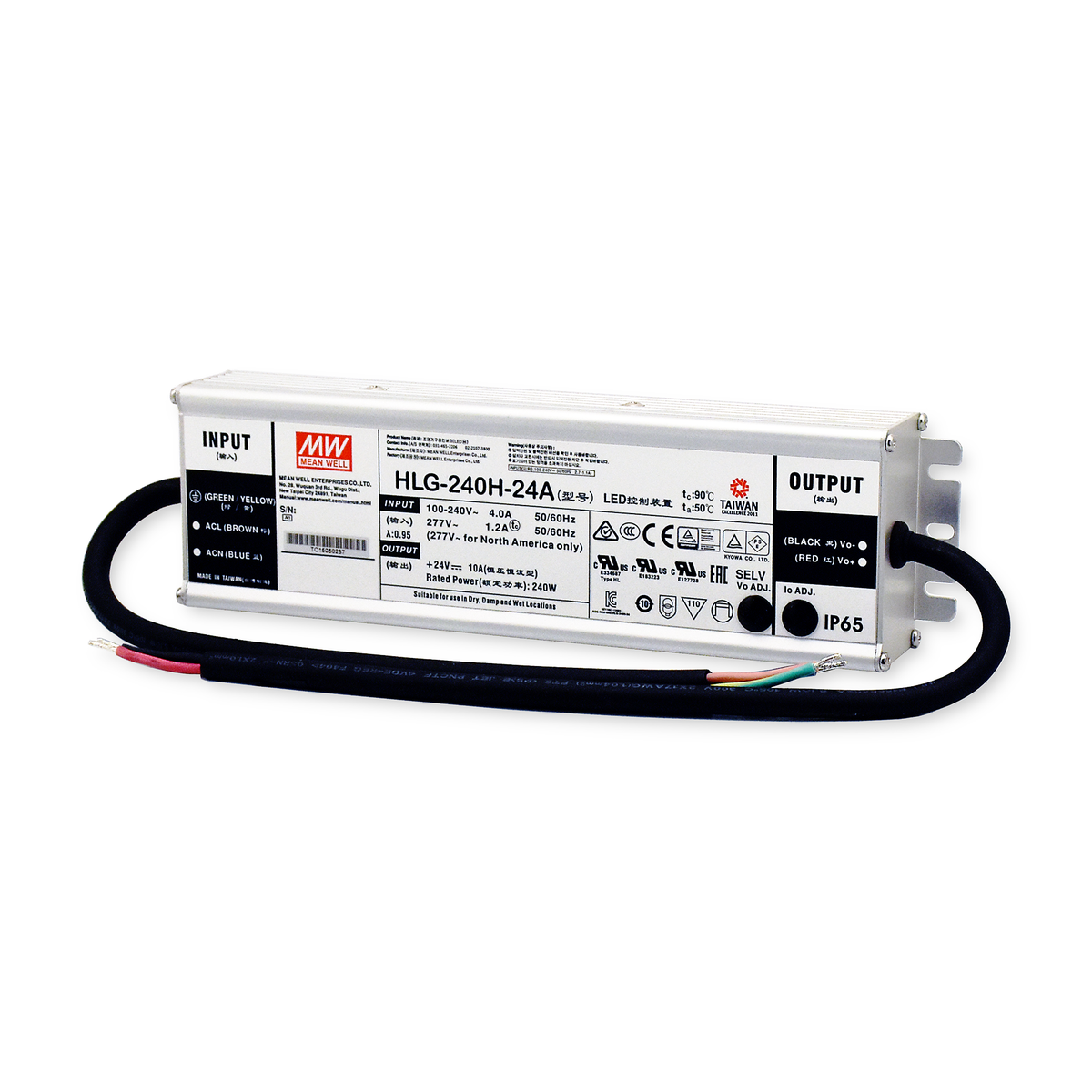 HLG Fanless & Metal Housed Power Supply 24VDC 240 Watt Bare Wire