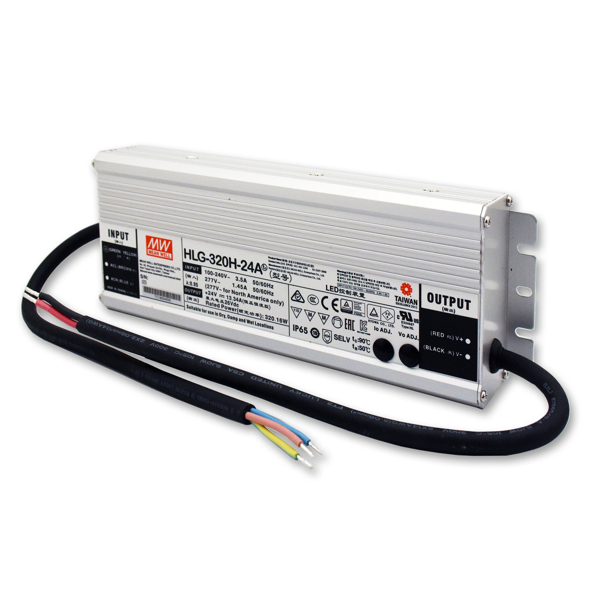 HLG Fanless & Metal Housed Power Supply 24VDC 320 Watt Bare Wire