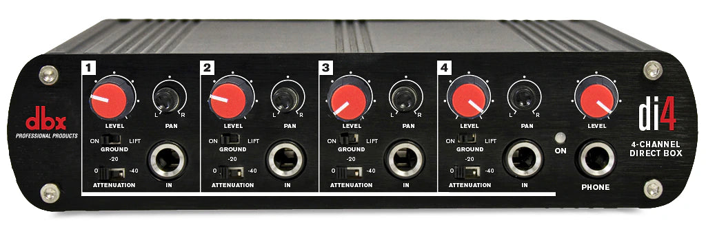 DBXDI4 - DBX DI4 4-channel direct box that converts unbalanced signals into balanced output for use with mixers, PAs