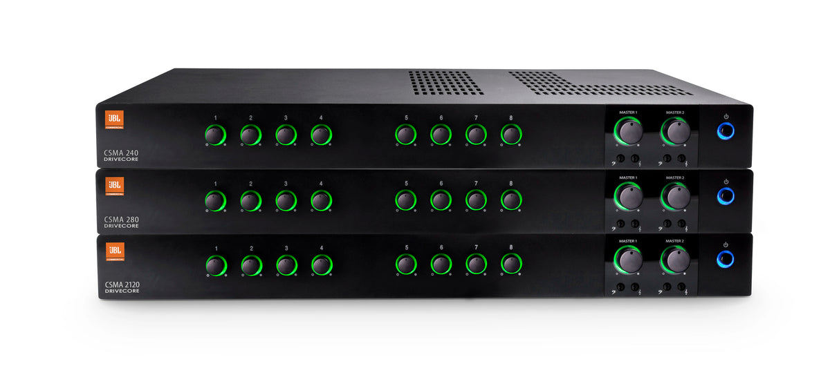 JBL 8 input - 2 x 120W DriveCore Mixer-Amp, Fanless, 4ohm/8ohm/70V/100V, 1U Full-Rack, Mounting kit