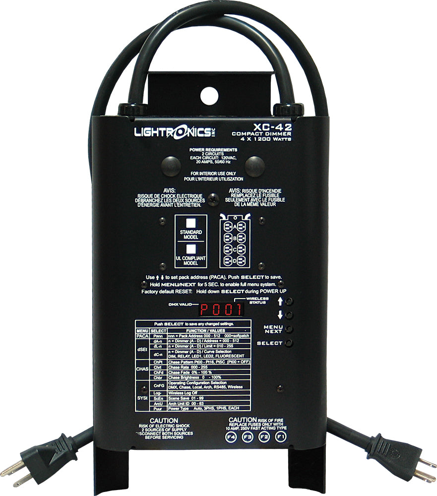 Lightronics XC42 4-Ch 1200W Portable Dimmer, DMX, Edison, 120V